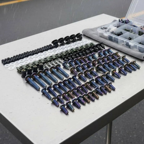 Motorcycle Fairing Bolt Kit With 195 Piece Fastener Set Clips And Screws Universal Fit 304 Stainless Steel Rust Resistant Burnt Blue Finish shown laid out