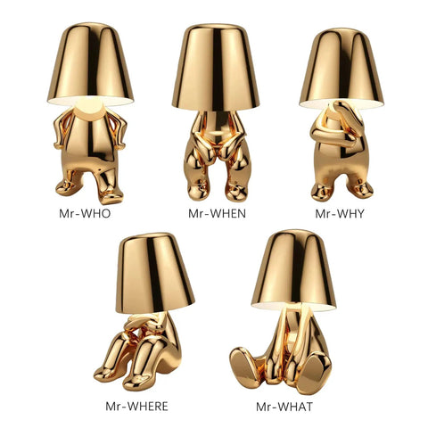 Gold Decor Thinker Statue Bedside Table Lamp With USB Port, Touch Control LED Night Light, 5 different gold lamp designs