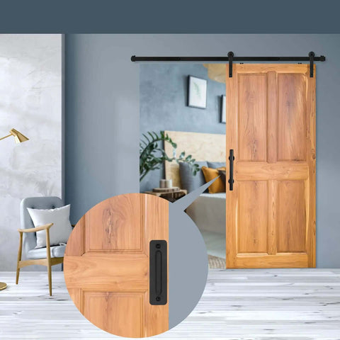 Wooden sliding door with 12 Inch Sliding Barn Door Handle Pull With Flush Back Plate, Matte Black Powder Coated Finish installed