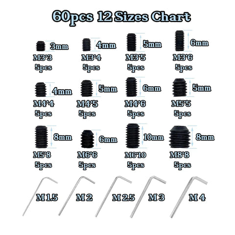60 Piece Set Screws Kit Grub Screws With Allen Head M3 To M8 12 Sizes Chart with hex wrenches visible
