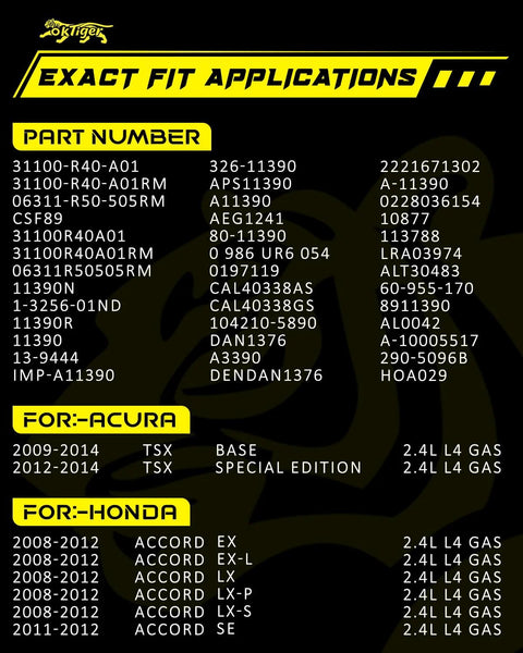 Exact fit applications list for Beefed-Up 130A 12V Alternator Honda Accord 2008-2012 Acura TSX 2009-2014 by part number and models