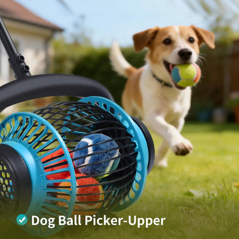 Portable Tennis Ball Hopper Roller No Bend Ball Collector With Quick Roll Telescopic Handle near dog playing fetch