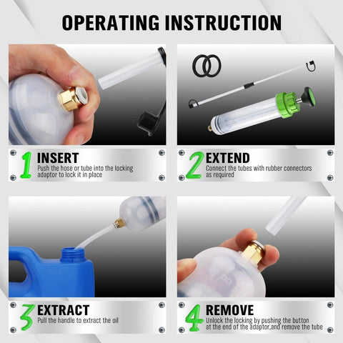 SWANLAKE 200cc automotive fluid extractor kit with clear syringe, brass adapter, green cap, and blue reservoir.