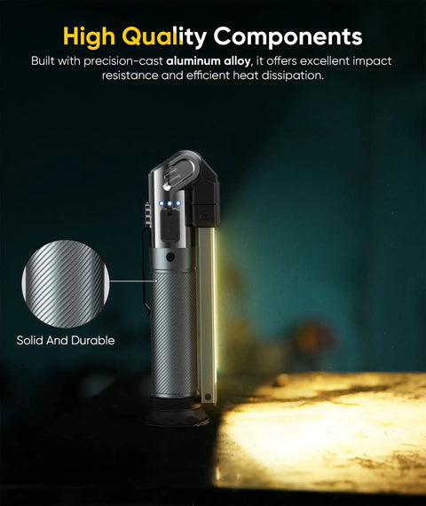 Rechargeable Magnetic Work Light With Hook 1200 Lumens Hands Free Mechanic Flashlight showing side view on table.