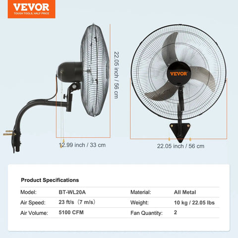 Side and front view of Two Pack 20 Inch Wall Mount Fans With Oscillation, black metal industrial design by Vevor.