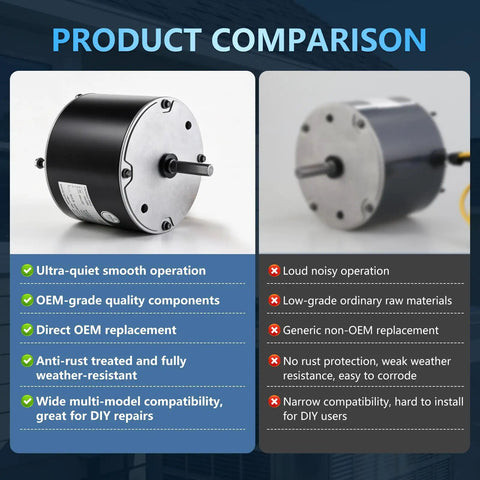 Product comparison of condenser fan motors highlighting features and drawbacks, showcasing Heavy Duty Copper Winding.