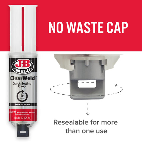 ClearWeld 5 Minute Set Epoxy Syringe, 25 ml with no waste cap and resealable design for fast bond on various materials.
