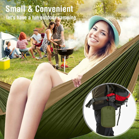 Portable Campin Hammock For Single Or Double Use, 210D nylon hammock in use at outdoor camping site with friends grilling
