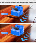 Before and after using Dual-Side Floor Gap Fixer Tool Set With Vacuum Suction And Grip Pads on hardwood flooring.