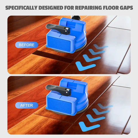Before and after using Dual-Side Floor Gap Fixer Tool Set With Vacuum Suction And Grip Pads on hardwood flooring.
