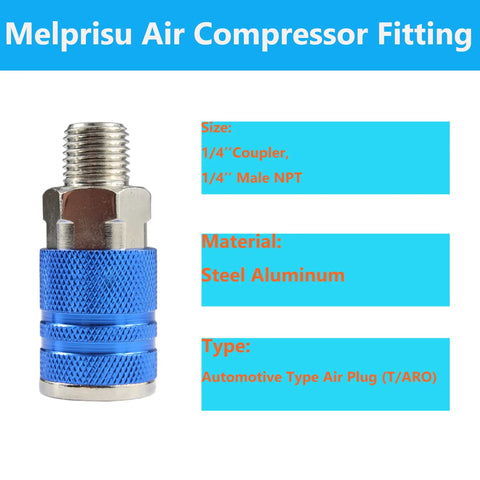 Blue aluminum air compressor fitting, 1/4 inch size, labeled Melprisu Air Compressor Fitting.