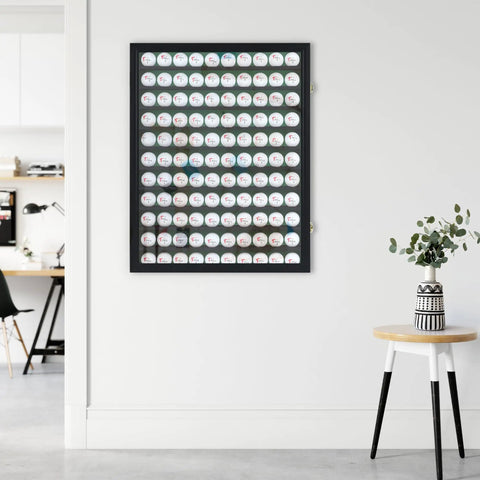 Wall Mount Golf Ball Display Case That Holds 110 Balls With UV Protection And Gold Lock Black Frame And Green Felt Interior Man Cave