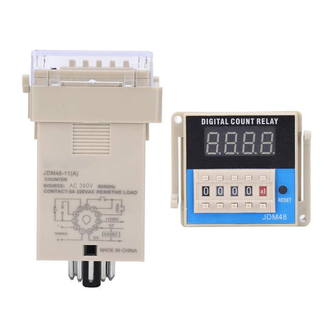 Pro Grade Time Delay Relay Timer Adjustable Cycle Control Module JDM48 11 For Industrial Machinery And Automation Systems AC380V Durable Plastic Housing, front and side views