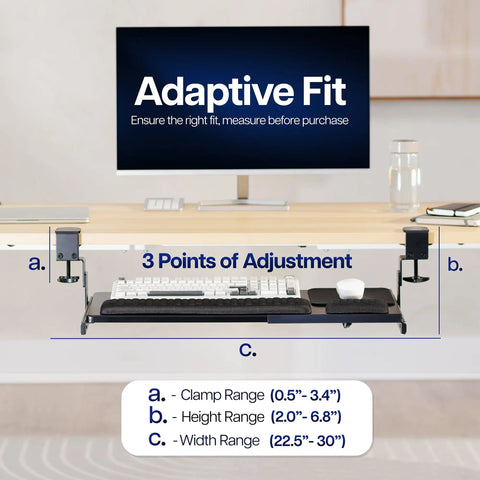 Large Height And Width Adjustable Under Desk Keyboard Tray With C-Clamp Mount System, Extends From 22.5 To 30 Inches, under desk view
