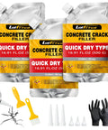 Three packets of Concrete Crack Filler Quick Dry Type, 16.91 FL OZ, gray color for driveway repairs. Crush Those Stubborn Cracks With This Heavy Duty Concrete Crack Filler And Asphalt Sealant That Self Levels Smoothly Stays Highly Flexible And Boots Water Away From Driveway Repairs.