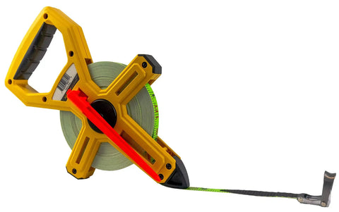 Open Reel Fiberglass Tape Measure 100 Feet One Half Inch Wide Built Tough Go To Tool with visible green blade and hook