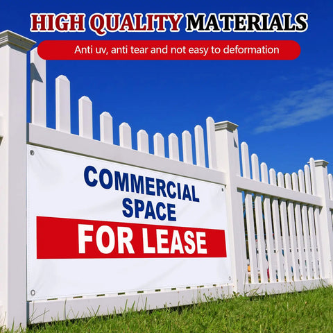 Prime Space For Lease Vinyl Banner Sign 18x48 Inch Heavy Duty Outdoor Advertising Weatherproof Sign With Metal Grommets For Shops Offices And Warehouses on white fence