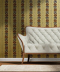 Drop Dead Gorgeous Rustic Stripes Gold Metallic Wallpaper With Hella Smooth Fibrous Texture And Top Tier Glam Finish For Killer Indoor Decor Ambience And Easy Paste Work with tufted white sofa.