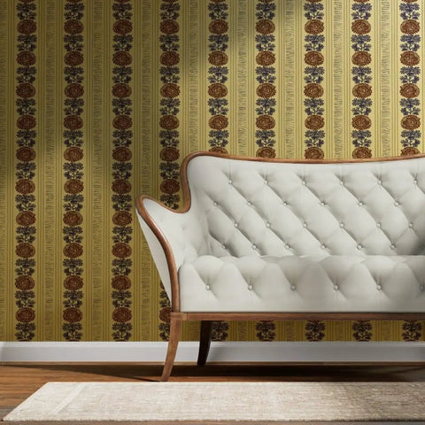 Drop Dead Gorgeous Rustic Stripes Gold Metallic Wallpaper With Hella Smooth Fibrous Texture And Top Tier Glam Finish For Killer Indoor Decor Ambience And Easy Paste Work with tufted white sofa.