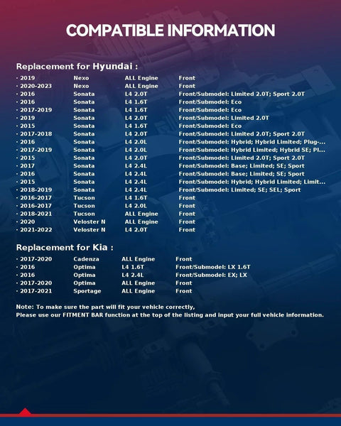 Compatibility chart for Front Wheel Bearing Hub Assembly 513374 showing Hyundai and Kia models from 2015 to 2023.