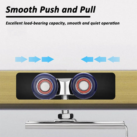 Close-up of rollers in heavy duty double closet sliding door track kit with floor guide, bypass barn doors, aluminum rail system.