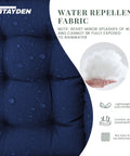 Close-up of blue all-weather outdoor lounge chair cushion with waterproof fabric and quick rebound elastic cotton padding.