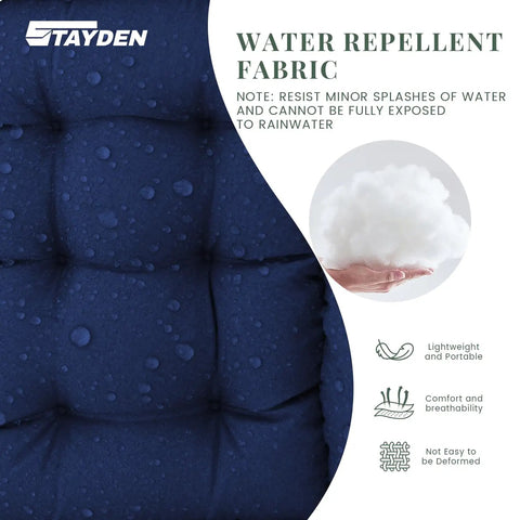 Close-up of blue all-weather outdoor lounge chair cushion with waterproof fabric and quick rebound elastic cotton padding.
