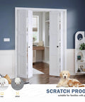 White Bifold Sliding Interior Closet Door Slab, 3-Panel MDF With PVC Finish, Fits 60 By 80 Opening, installed in a modern room.