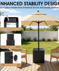 Outdoor Umbrella Side Table With Hole 2 In 1 Square Patio Table For Poolside And Deck Includes 15.9 Gallon Fillable Base Fits Up To 1.5 Inch Pole Matte Black Space Saving Durable And Easy To Set Up shown in a patio setting.
