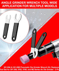 Heavy Duty 4 Piece Pneumatic Die Grinder Wrench Set Featuring Two 0.45 Inch And Two 0.7 Inch Open End Wrenches For M2 301 308 Air Grinders Built Tough For Real Shop Grind And No Fuss Fixes with two wrenches next to die grinder.