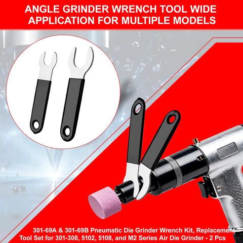 Heavy Duty 4 Piece Pneumatic Die Grinder Wrench Set Featuring Two 0.45 Inch And Two 0.7 Inch Open End Wrenches For M2 301 308 Air Grinders Built Tough For Real Shop Grind And No Fuss Fixes with two wrenches next to die grinder.