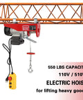Badass No Sweat 110V Electric Hoist And Winch With 550 Lbs Lift Capacity overhead garage crane showing zinc plated steel rope and control pendant.