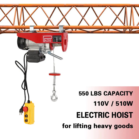 Badass No Sweat 110V Electric Hoist And Winch With 550 Lbs Lift Capacity overhead garage crane showing zinc plated steel rope and control pendant.