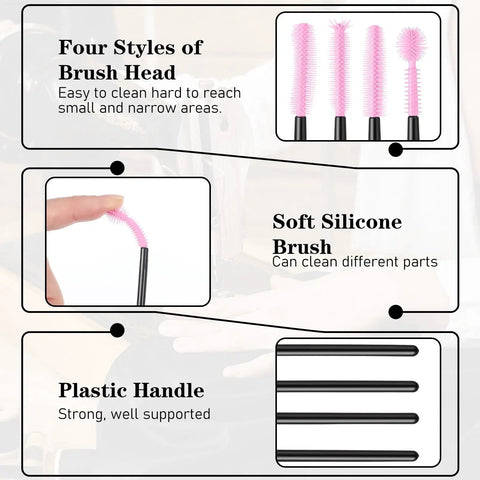 60 Piece Tiny Cleaning Brush Set For Small Gaps And Delicate Surfaces With Soft Silicone Bristles, 4 Styles Selected For Sewing Machines, Computer Keyboards And More, Safe Lint And Dust Removal In Tight Crevices, pink brush heads and plastic handles