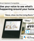 Voice command showing Indoor And Outdoor Plug In Smart Security Camera With AI Motion Alerts WiFi Home Surveillance IR Color Night Vision Siren Alarm Two Way Talk Includes Cam Plus 3 Months Cloud Storage on display.