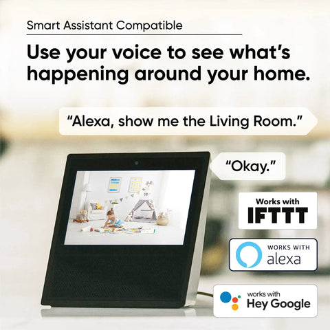 Voice command showing Indoor And Outdoor Plug In Smart Security Camera With AI Motion Alerts WiFi Home Surveillance IR Color Night Vision Siren Alarm Two Way Talk Includes Cam Plus 3 Months Cloud Storage on display.