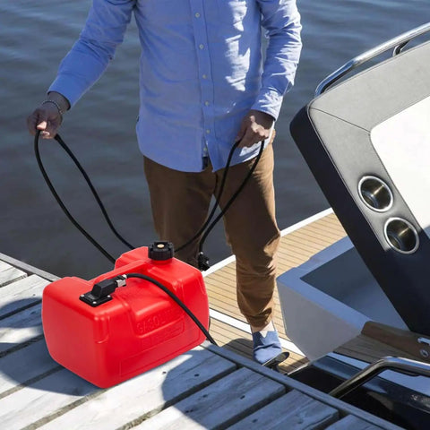 Man holding Portable Boat Gas Tank 3 Gallon 12L With Transfer Hose And Gauge For Outboard Engine Yacht And Fishing Boat