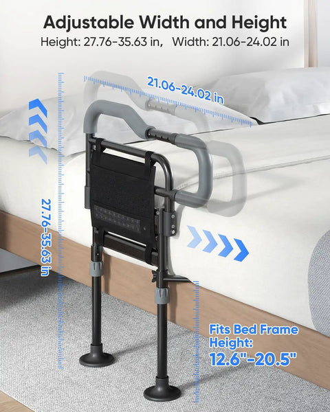 Foldable Bedside Rail For Seniors, non slip handle, adjustable height and width, large suction feet, on bed