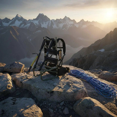 Lightweight Aluminum Backpack Frame For Hiking And Mountaineering, External Load Bearing Pack Frame with gear on rocky terrain
