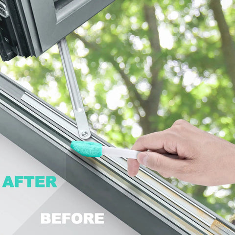 Person using Eight In One Cleaning Brush Set For Tight Spaces With Crevice Bottle Groove Gap Edge Detailing on window track