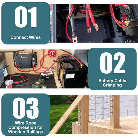 Steps for Beefy Hydraulic Crimping Tool Kit With 13 Dies, 10 Ton battery cable crimper, wire rope crimping for railings shown.