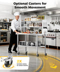 Chef using NSF Certified Stainless Steel Kitchen Prep Table 60x24 Inches with adjustable shelf and pegboard panels on casters