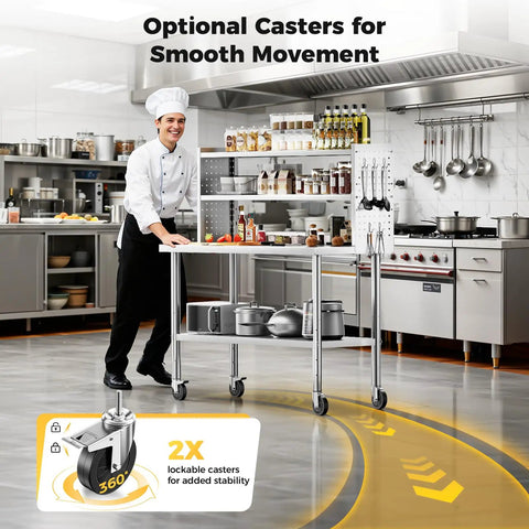 Chef using NSF Certified Stainless Steel Kitchen Prep Table 60x24 Inches with adjustable shelf and pegboard panels on casters