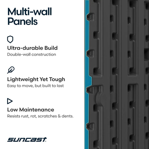 Multi-wall panels of the Massive 106 Cu Ft Vertical Outdoor Storage Shed with focus on ultra-durable build and low maintenance.