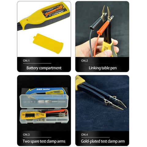 Digital Multimeter With LED Clip Probes For Non Solder Testing showing battery compartment, probe tips, and storage case