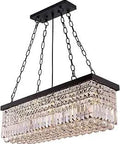 Five Light Black Farmhouse Crystal Chandelier For Living Room And Dining Room Modern Rectangle Pendant Light With Sparkling Crystals