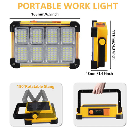 Rock Solid 120W Led Solar Work Light With Stand Blasts A Badass Ten Thousand Lumens Via Four Simple Switches Fully Rechargeable And IP65 Rated For Camping Fishing Car Detailing And Outdoor Chores Yellow