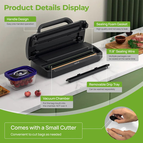 Powerful Vacuum Sealer For Food 90kPa With Dry And Moist Modes, 7 In 1 Function, shown with components and features