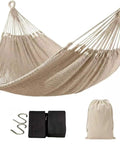 Two Person Hammock 79 By 59 Inches Cotton Rope Outdoor Camping Hammock With 550 Lb Weight Capacity shown with accessories