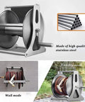 Heavy Duty Retractable Garden Hose Reel With Attached Fifty Meter Hose Wall Or Floor Mount Solid Metal Winder shown in wall and portable modes.